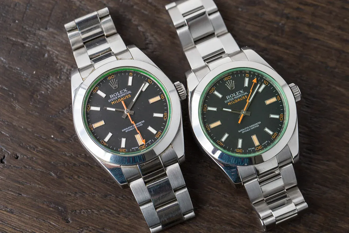 Comparativa del Rolex Milgauss mostrando la esfera waffle y las agujas rayo