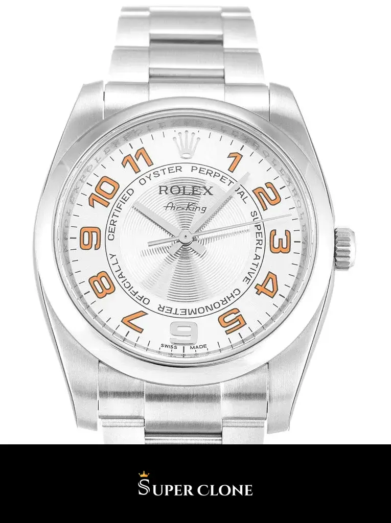 Rolex Air-King 114200 replica, esfera plateada, detalle de la esfera