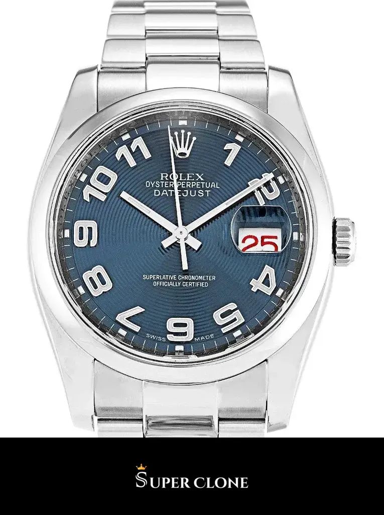 Rolex Datejust 116200 réplica, esfera azul, primer plano de la esfera