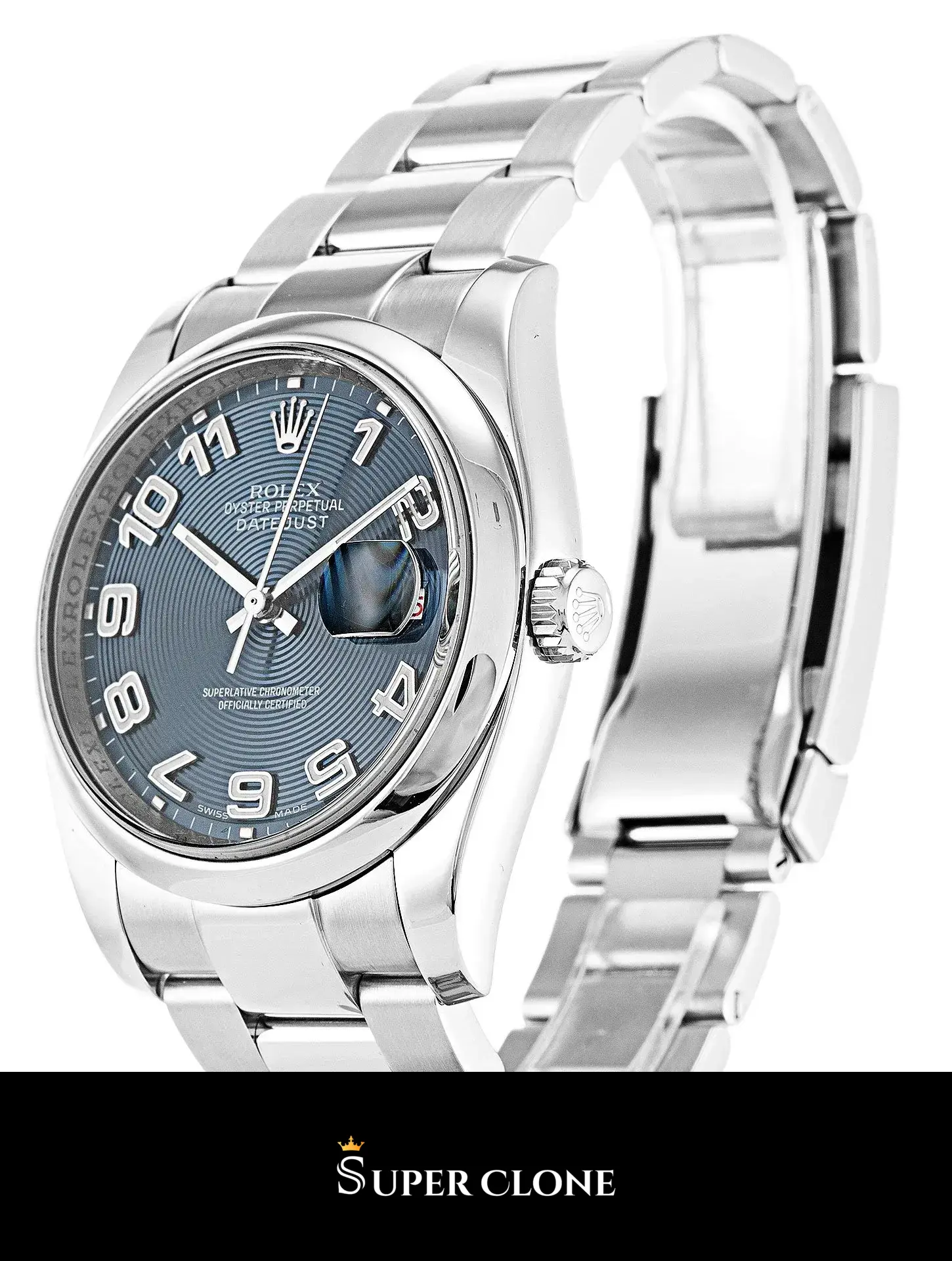 Rolex Datejust 116200 réplica, perfil lateral con bisel liso, azul