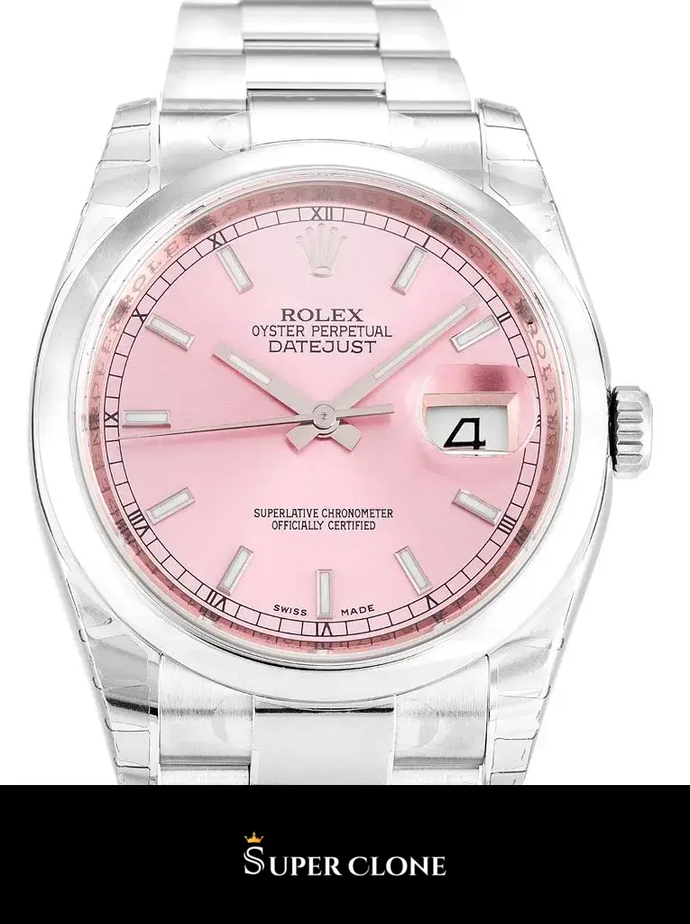 Rolex Datejust 116200 replica, detalle de la esfera rosa e índices baton