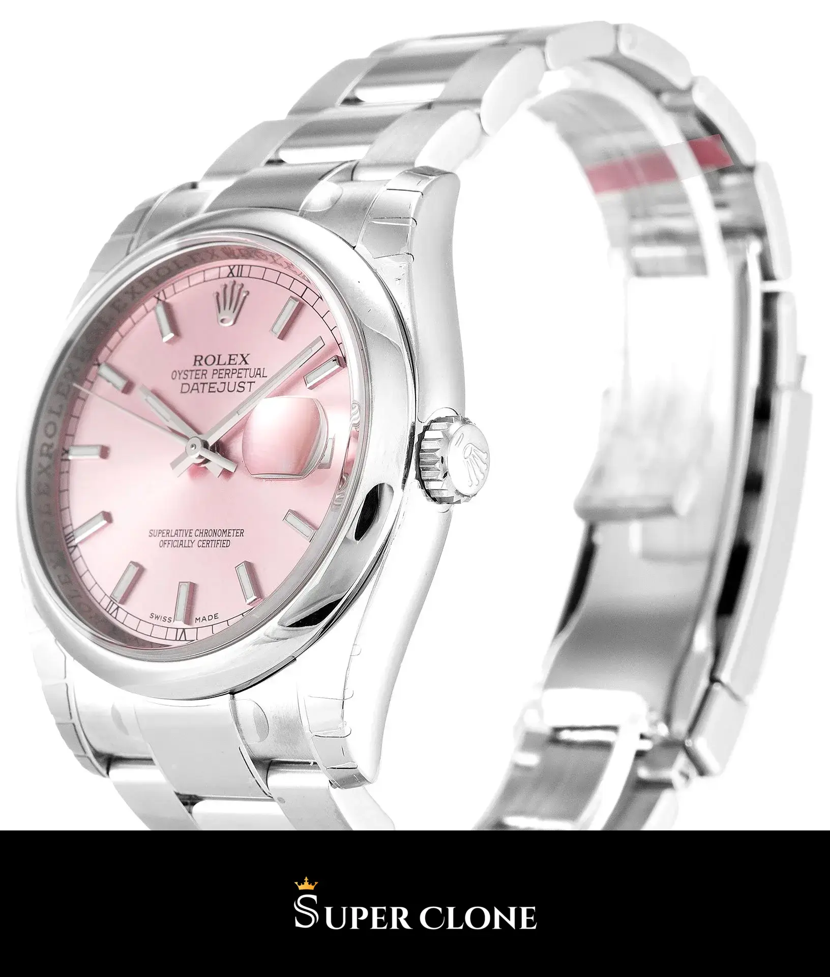 Rolex Datejust 116200 replica, perfil lateral con bisel liso, esfera rosa