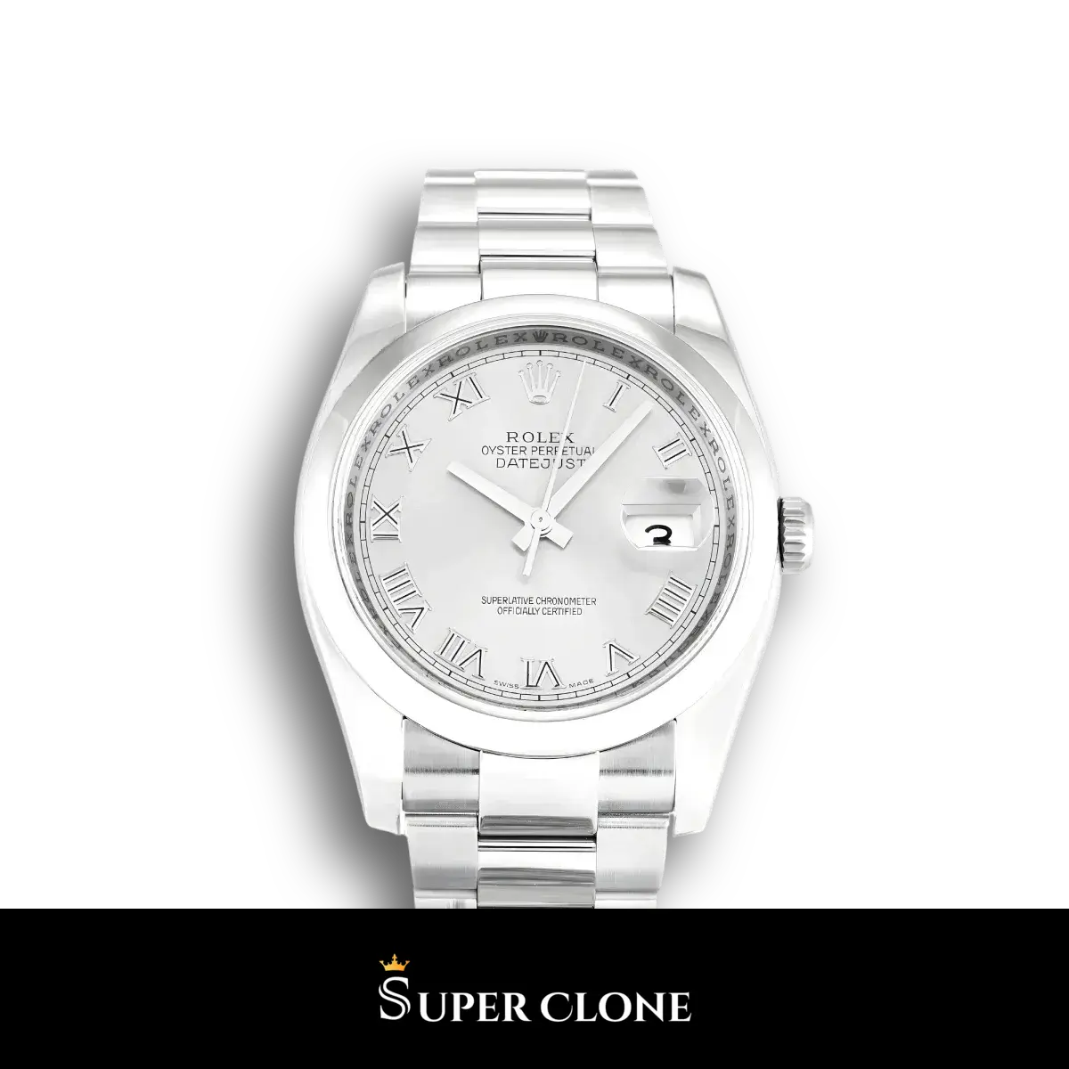 Rolex Datejust 116200 réplica esfera plata — vista frontal