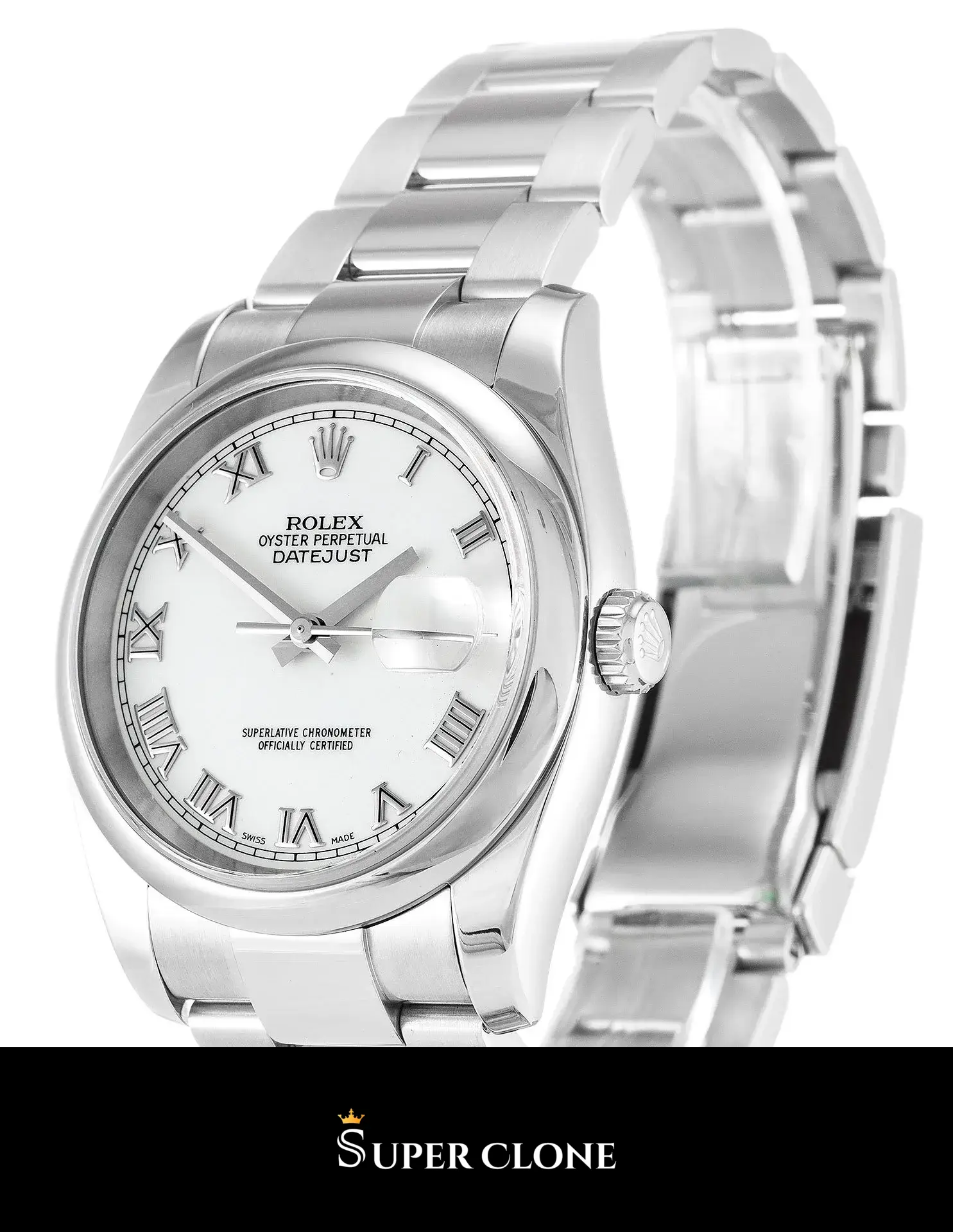 Rolex Datejust 116200 replica, esfera blanca, detalle del brazalete Oyster