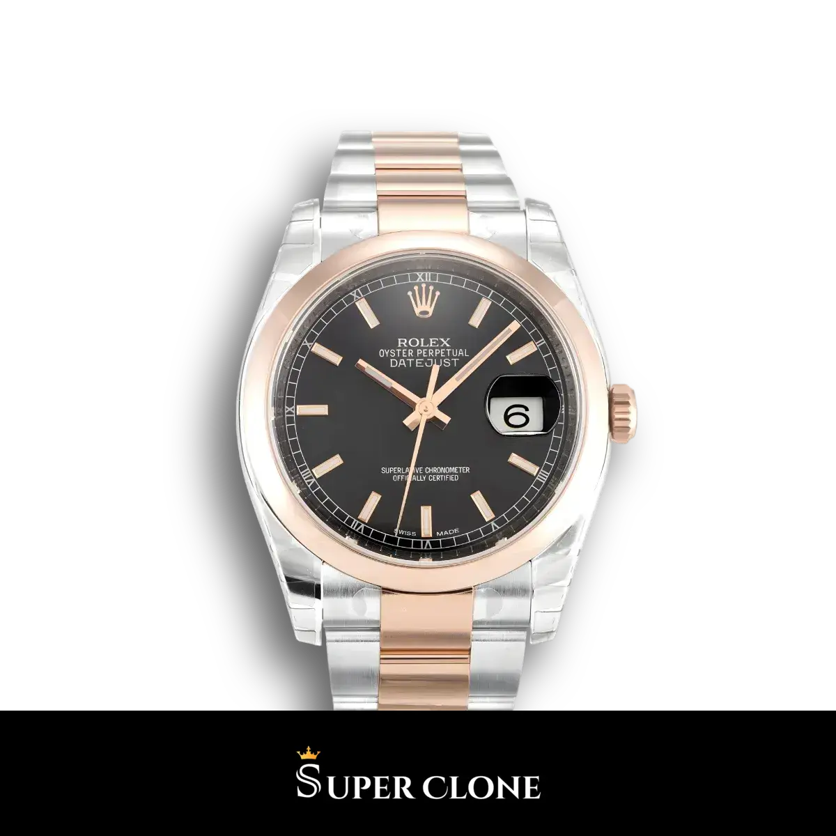 Rolex Datejust 116201 36mm esfera negra y bisel liso de oro rosa réplica