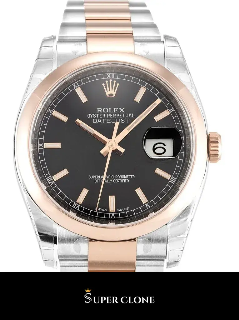Rolex Datejust 116201 replica, detalle de la esfera negra brillante