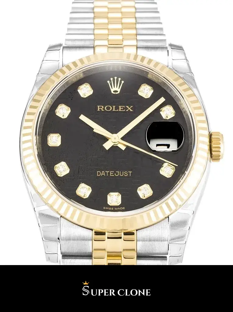 Rolex Datejust 116233 replica, primer plano de la esfera negra con marcadores de diamantes