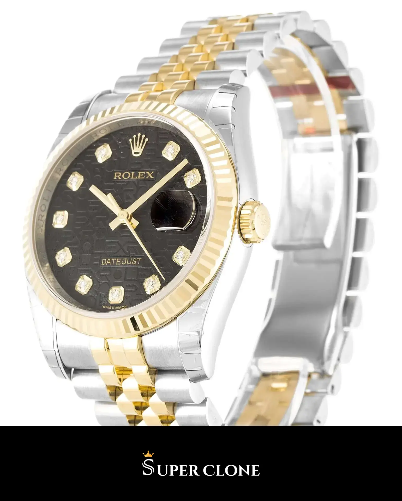 Rolex Datejust 116233 replica, perfil lateral con bisel acanalado de oro