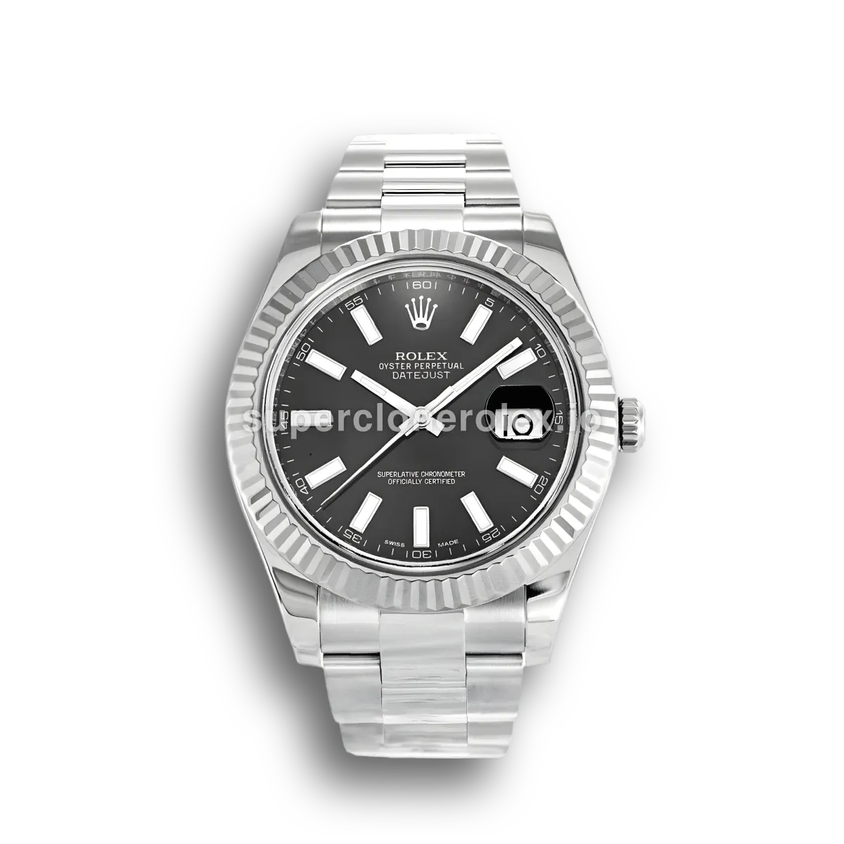 Rolex Datejust 116334 esfera negra con bisel estriado en brazalete Oyster réplica