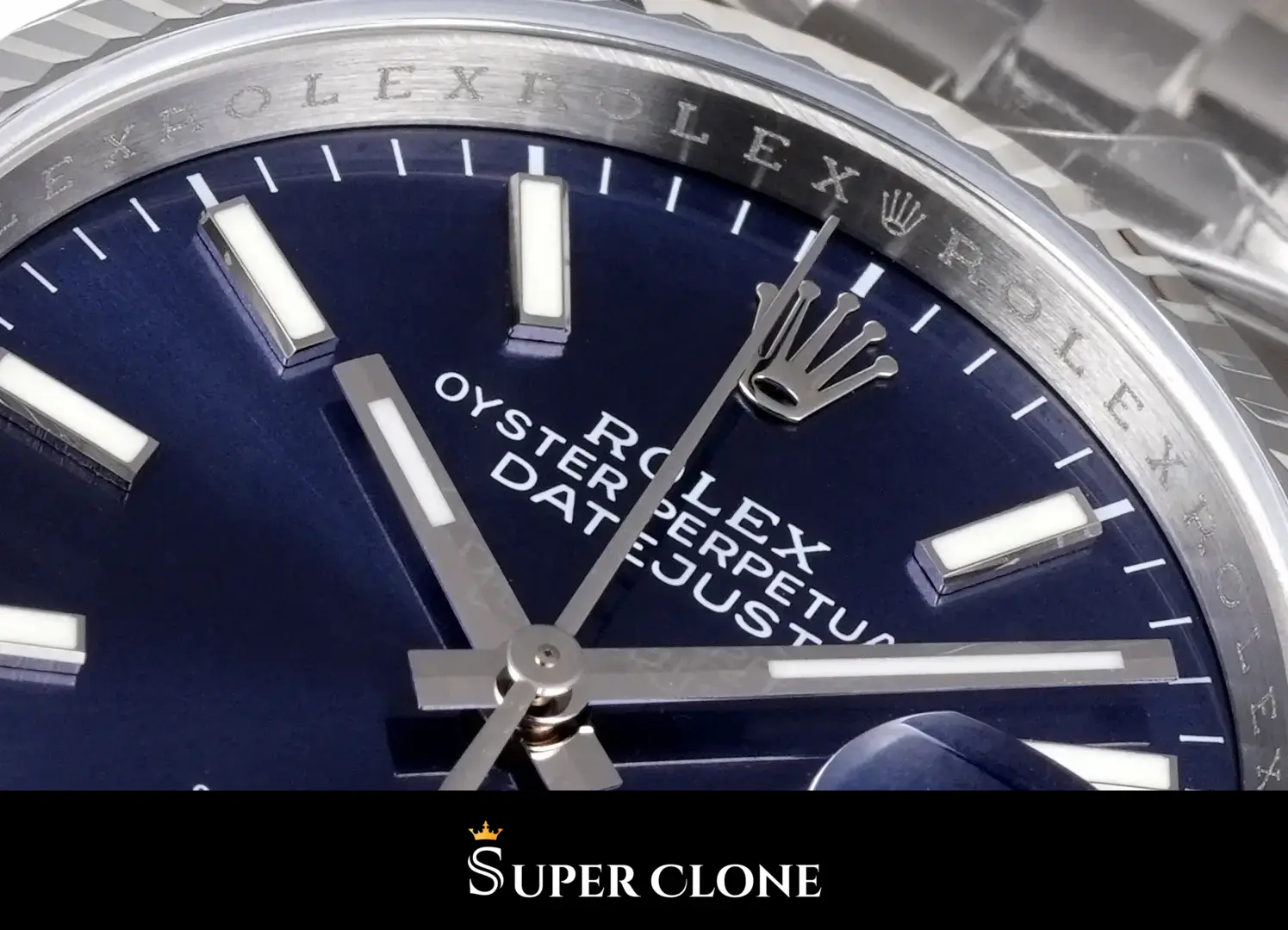 Rolex Datejust 126234 replica, detalle del bisel estriado de oro blanco