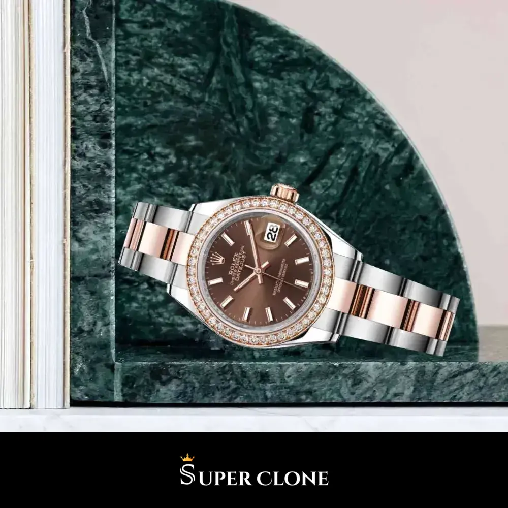 Rolex Datejust 126281RBR replica, caja Everose Rolesor, perfil lateral