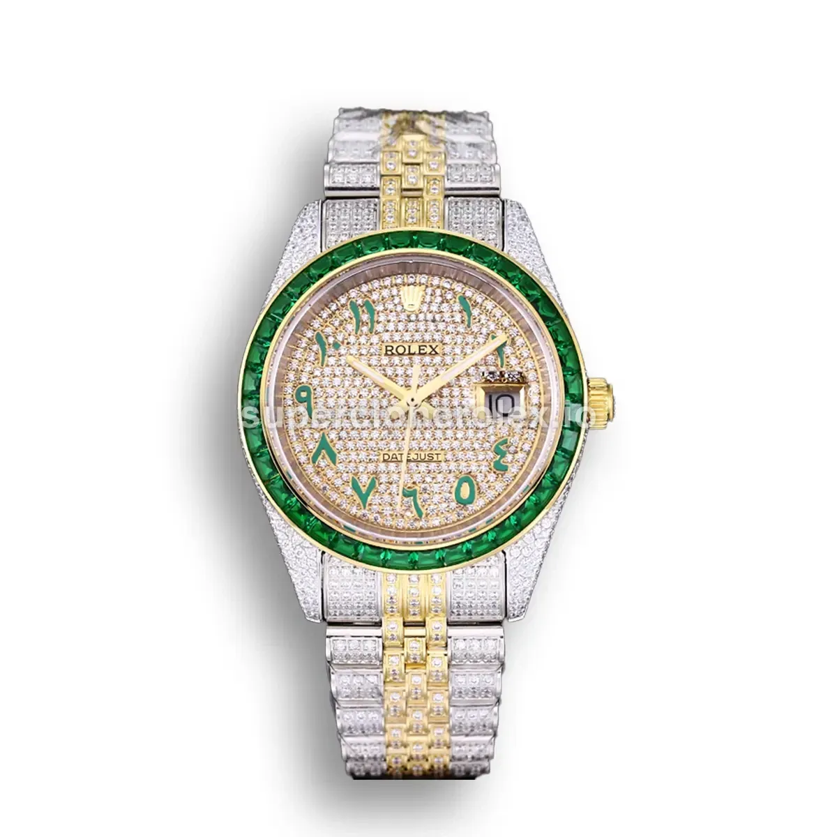 Rolex Datejust 126300 réplica Miyota esfera pavé de diamantes — vista frontal
