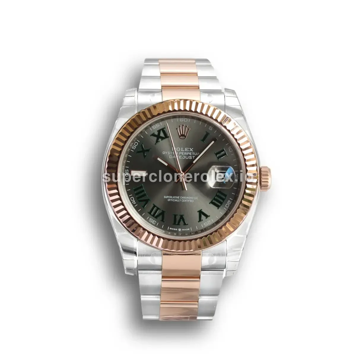 Datejust 126331 Wimbledon réplica de Rolex esfera pizarra — vista frontal