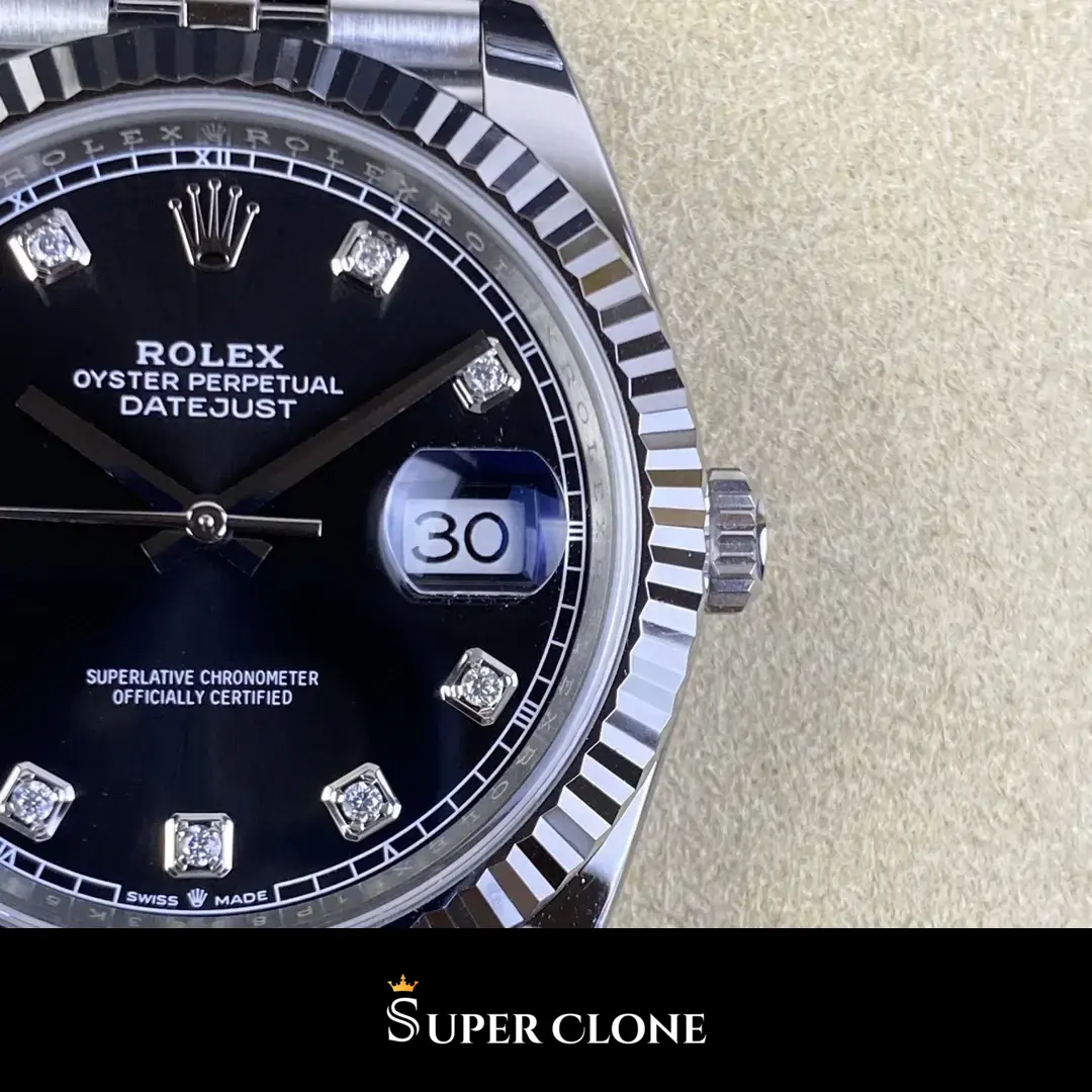 Rolex Datejust 126334 replica, esfera negra sunburst, vista 8