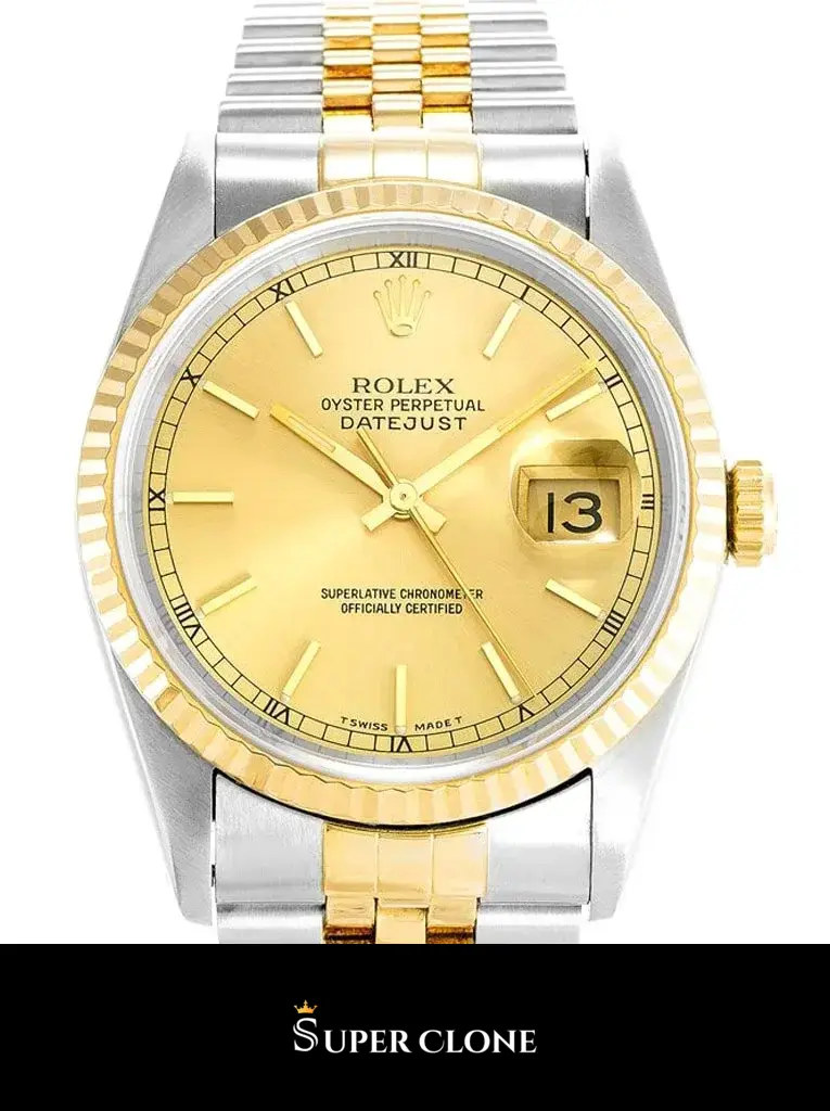 Rolex Datejust 16233 replica, bisel estriado de oro, vista lateral