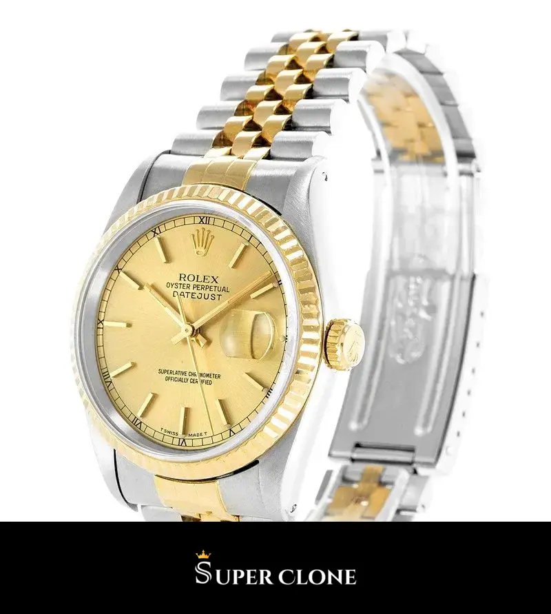 Rolex Datejust 16233 replica, brazalete Jubilee bicolor, detalle