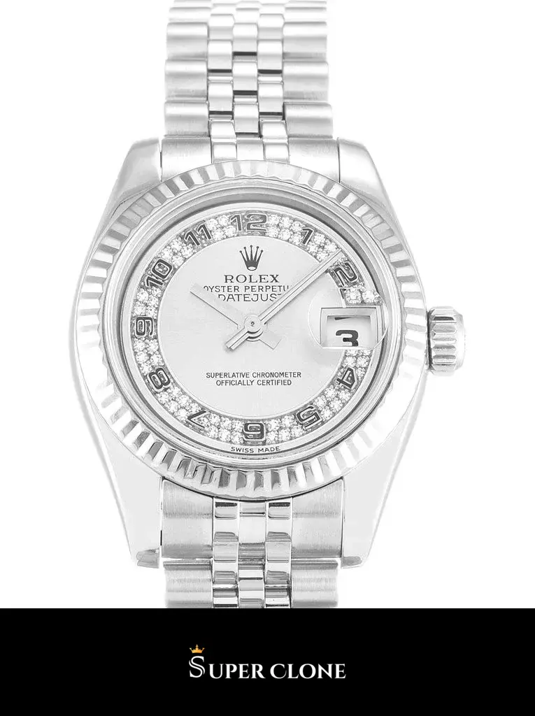 Rolex Datejust 179174 replica, esfera plateada con números de diamantes, vista 2