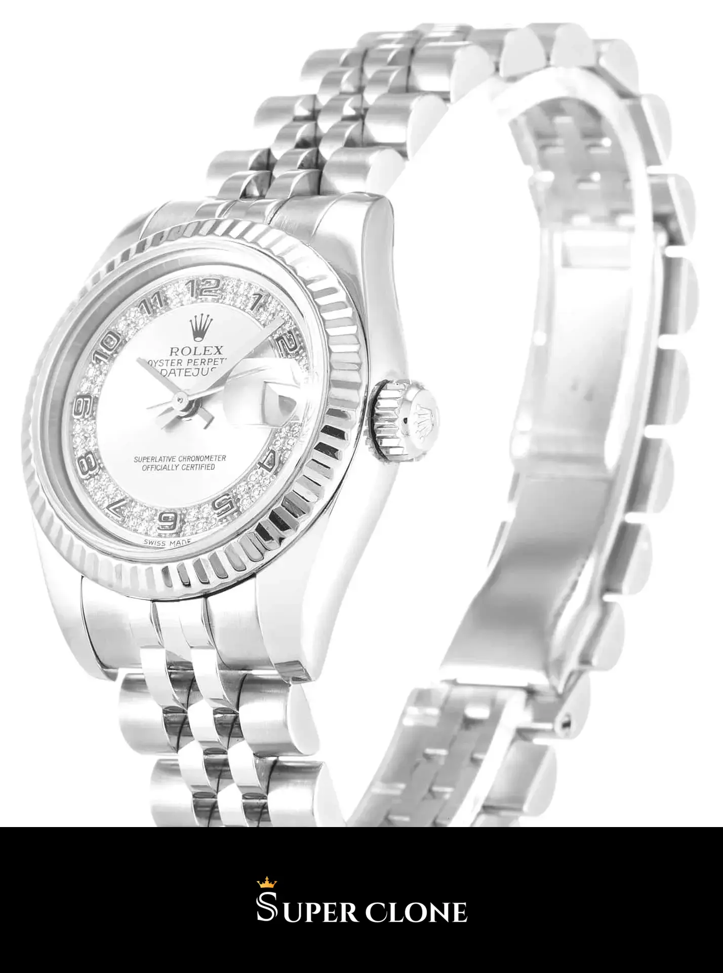Rolex Datejust 179174 replica, esfera plateada con números de diamantes, vista 3
