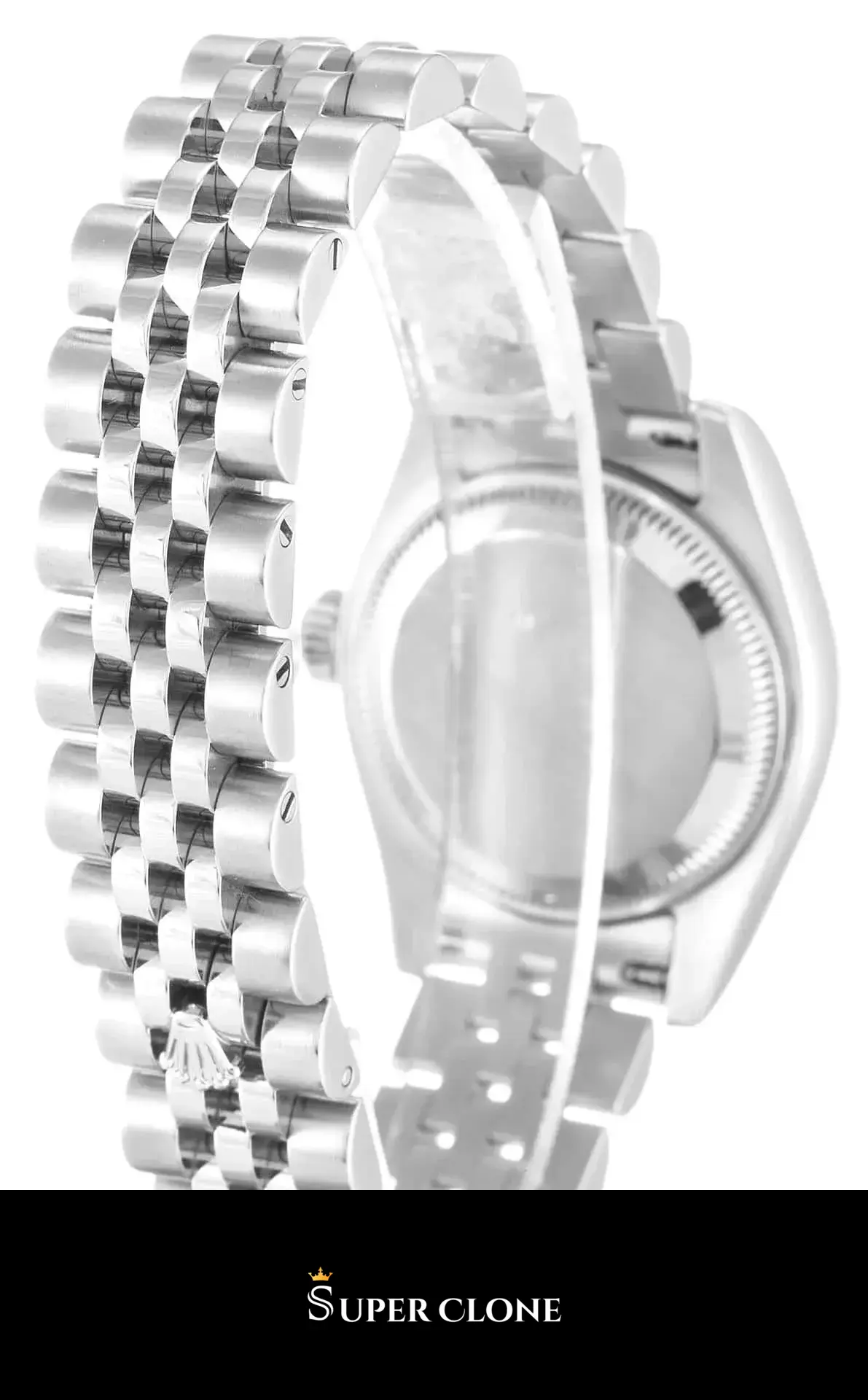 Rolex Datejust 179174 replica, esfera plateada con números de diamantes, vista 4