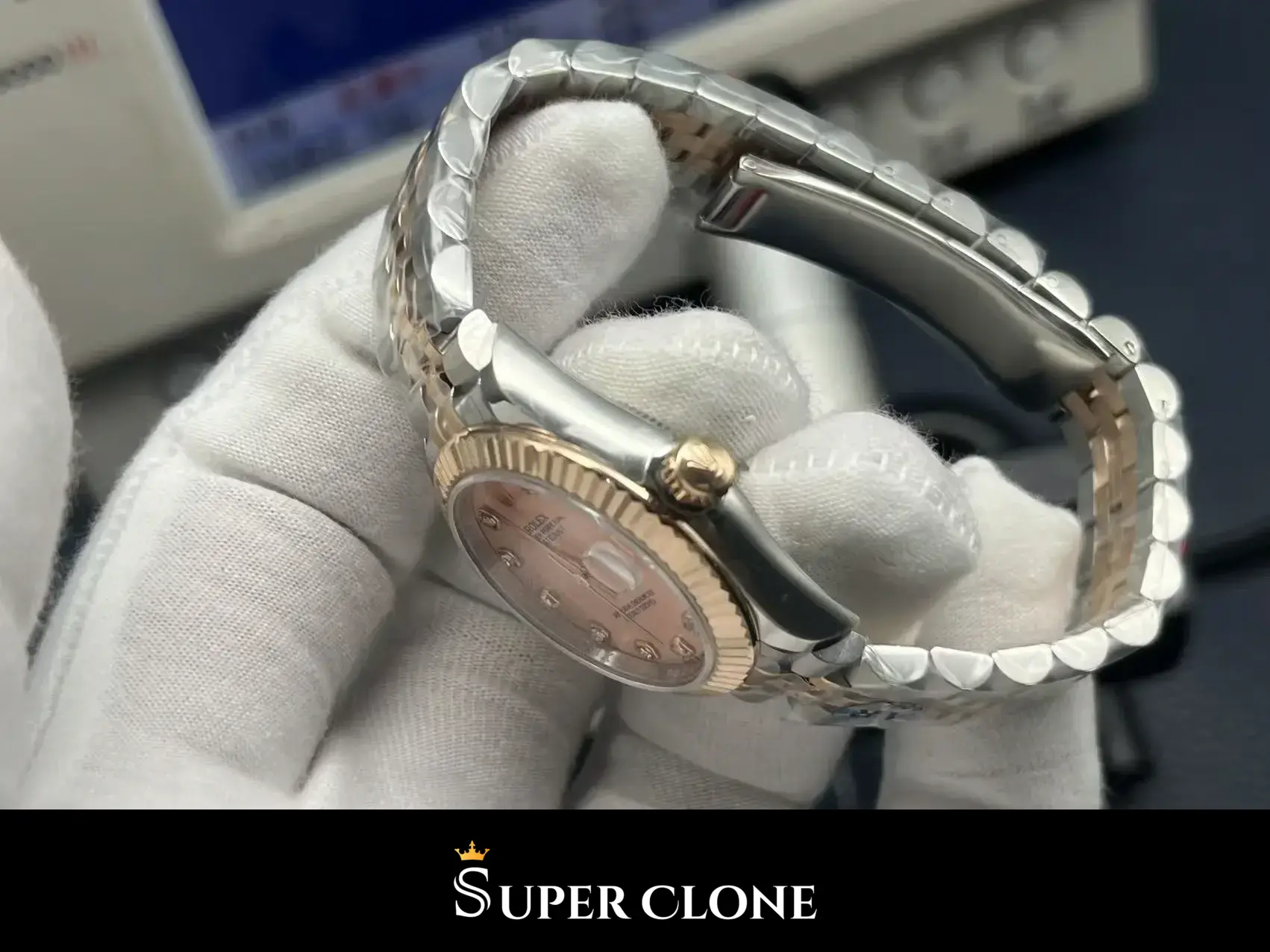 Rolex Datejust 278271 replica, detalle de la esfera rosa, vista 2