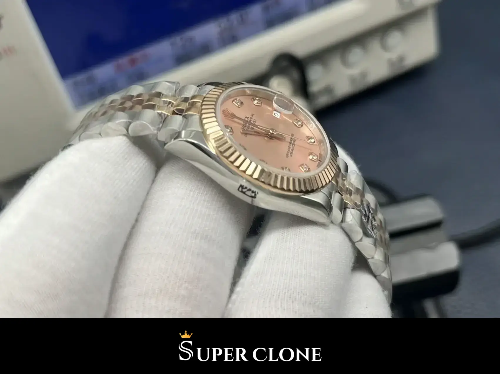 Rolex Datejust 278271 replica, corona en oro Everose, vista 7