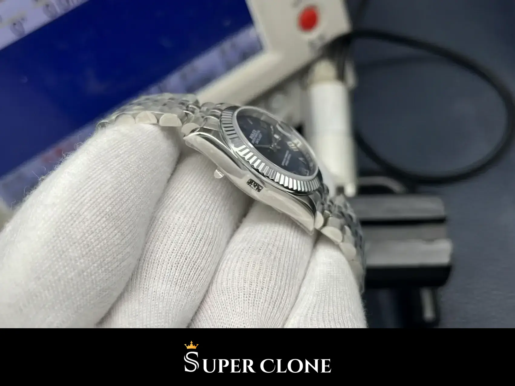 Rolex Datejust 278274 replica, primer plano de la esfera, azul