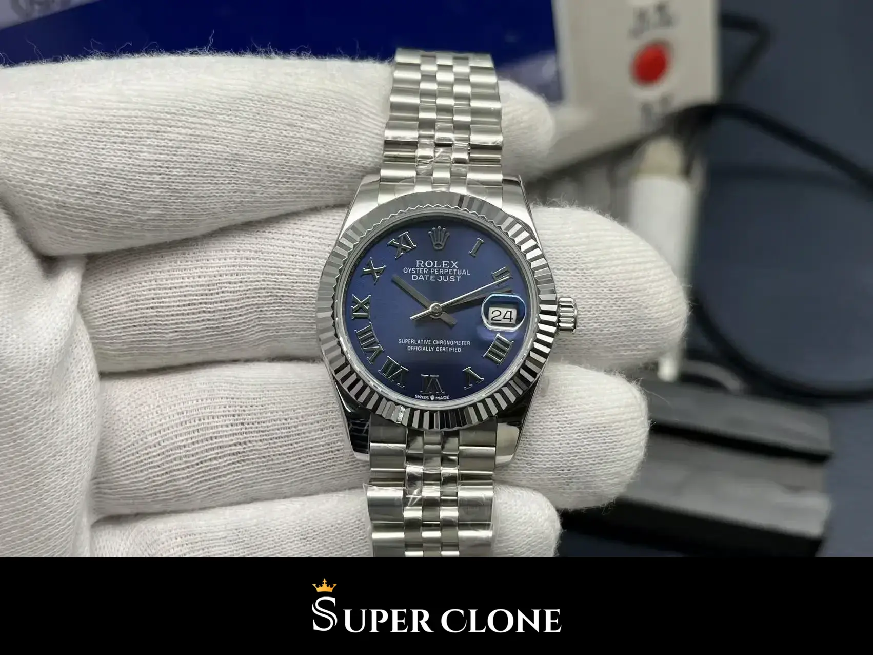 Rolex Datejust 278274 replica, detalle del brazalete Jubilee, azul