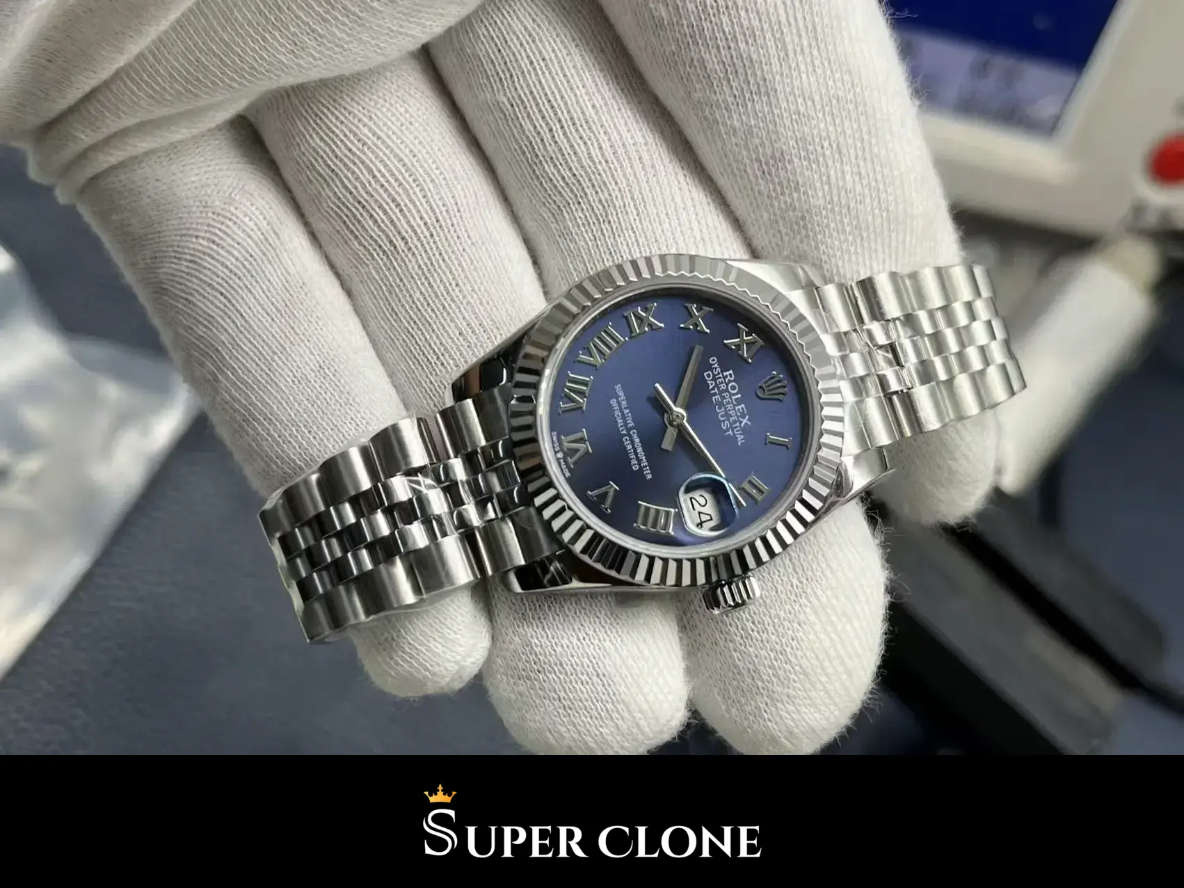 Rolex Datejust 278274 replica, macro del bisel estriado, azul