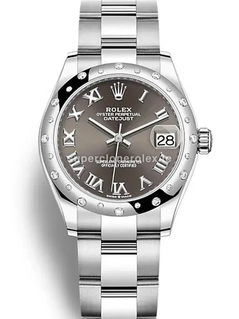 Rolex Datejust 278344RBR esfera gris romana con bisel de diamantes en acero 904L réplica