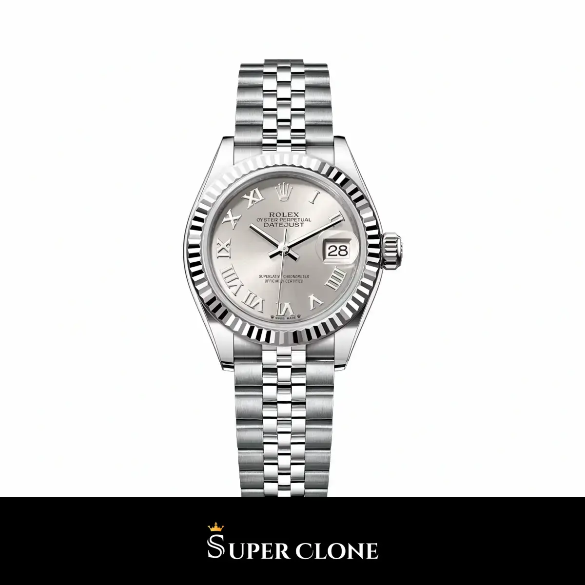 Rolex Datejust 279174 esfera plateada con números romanos y bisel estriado réplica