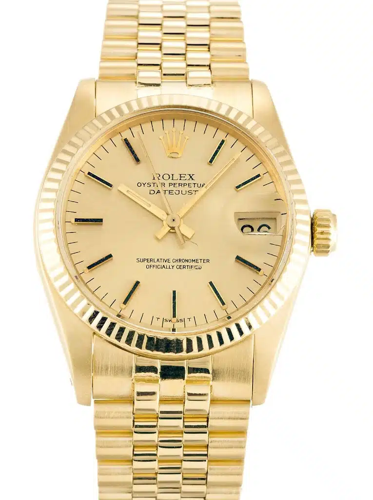 Rolex Datejust 6827 replica Miyota de 30 mm, detalle de la esfera champán