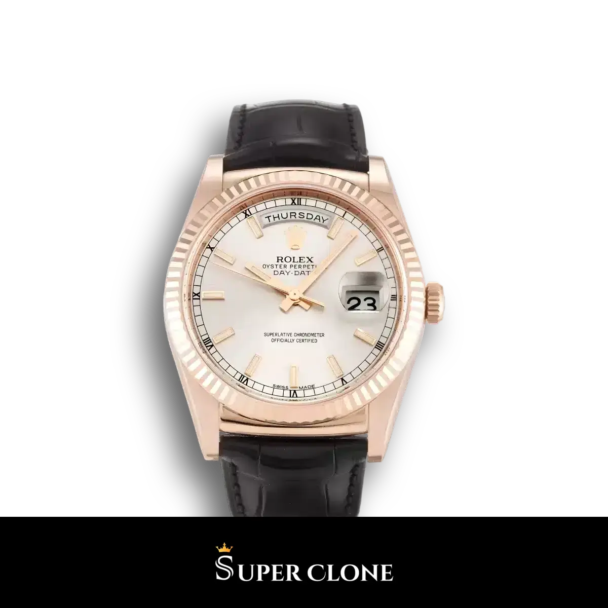 Rolex Day-Date 118135 réplica Miyota esfera plata — vista frontal