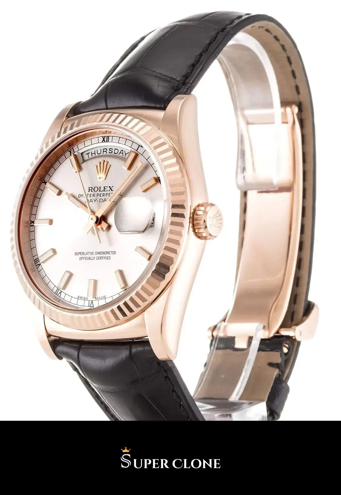 Rolex Day-Date 118135 replica - perfil lateral con correa de piel negra