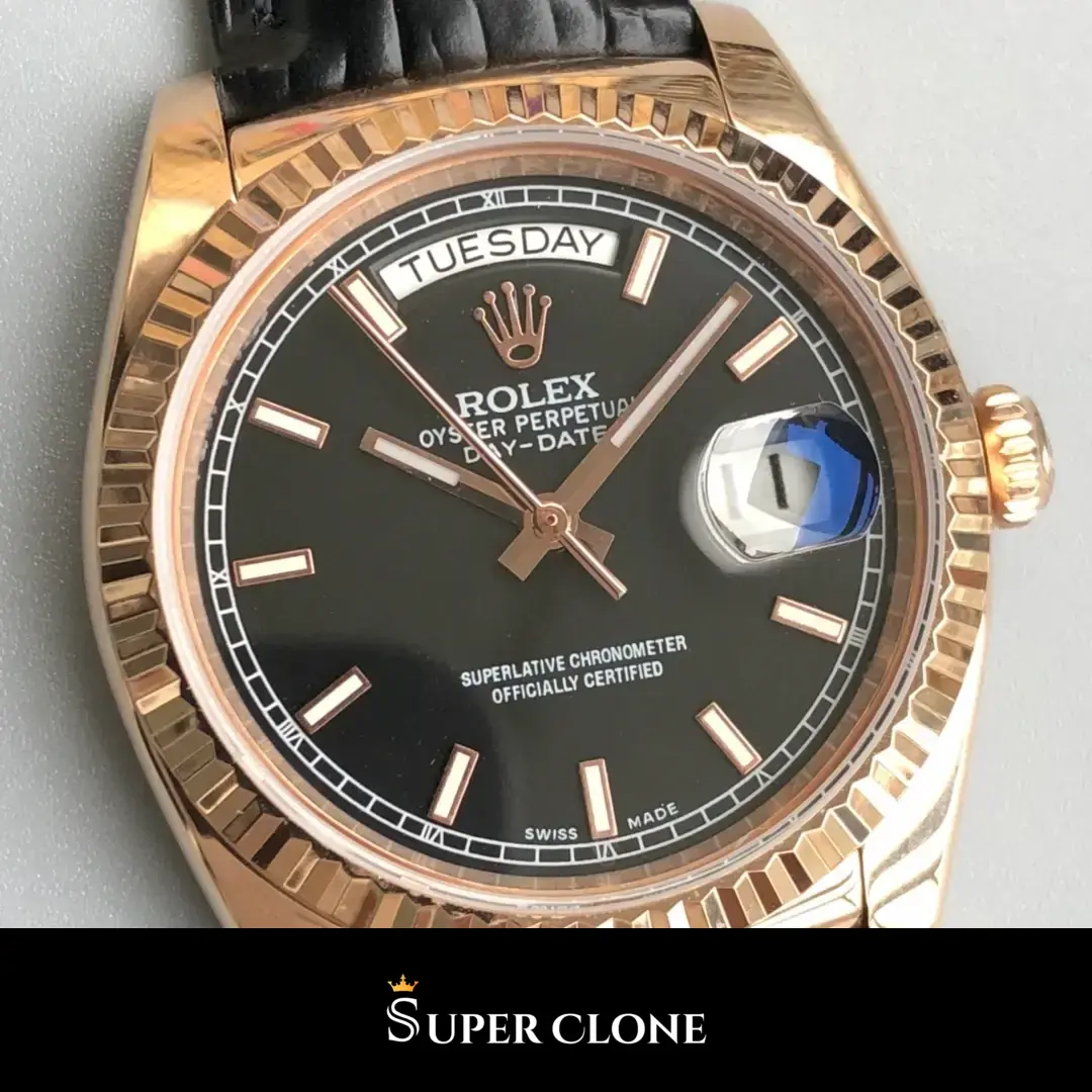 Rolex Day-Date 118135CH replica, correa de piel de aligátor negra