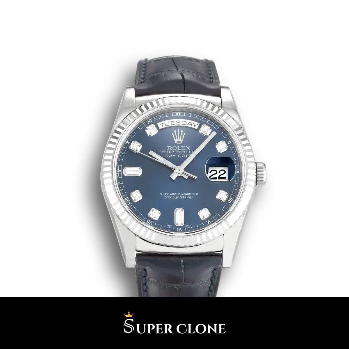 Rolex Day-Date 118139 réplica esfera azul — vista frontal