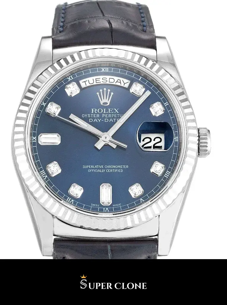 Day-Date 118139 replica esfera azul con marcadores de diamantes, detalle