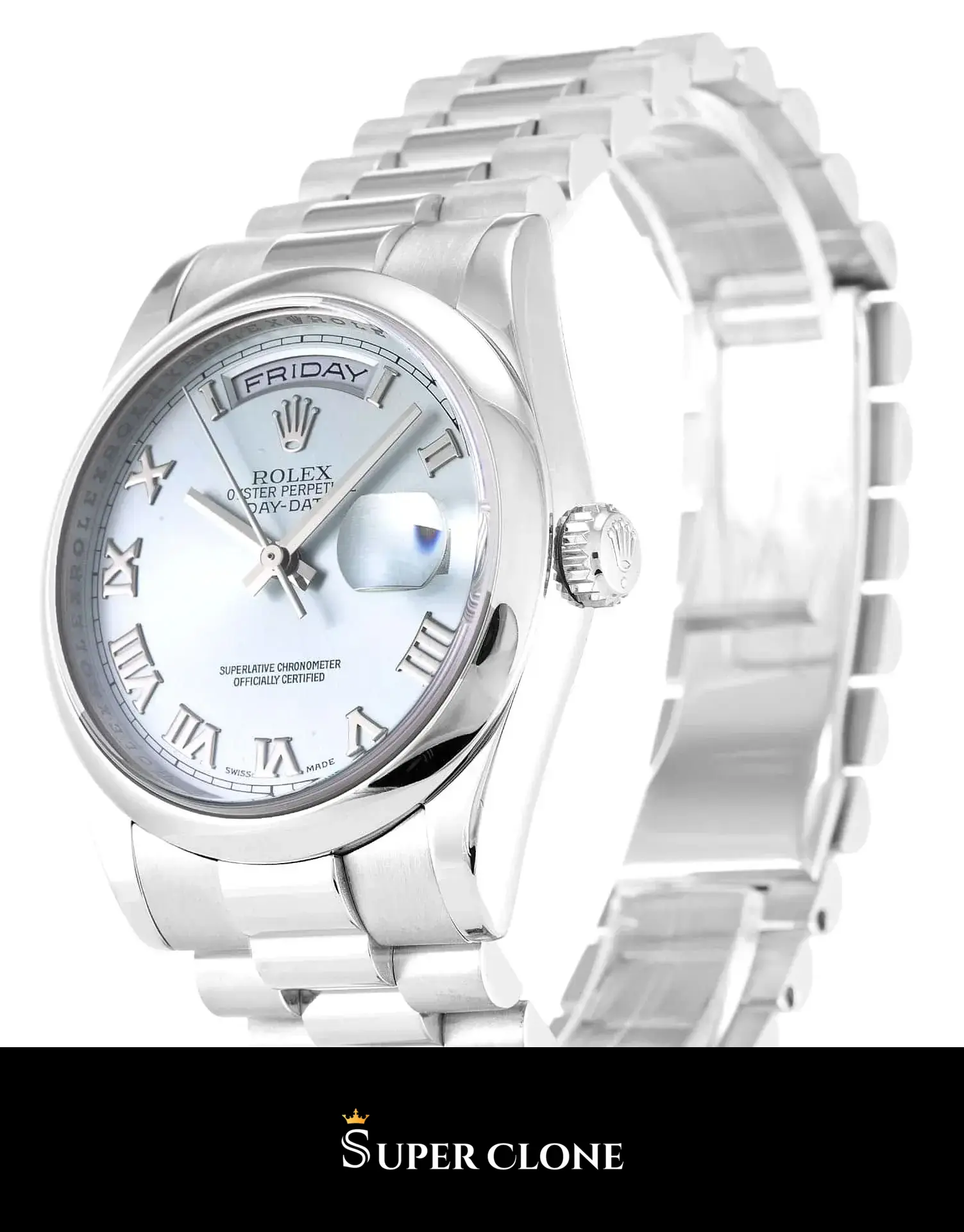 Rolex Day-Date 118206 réplica azul, perfil lateral