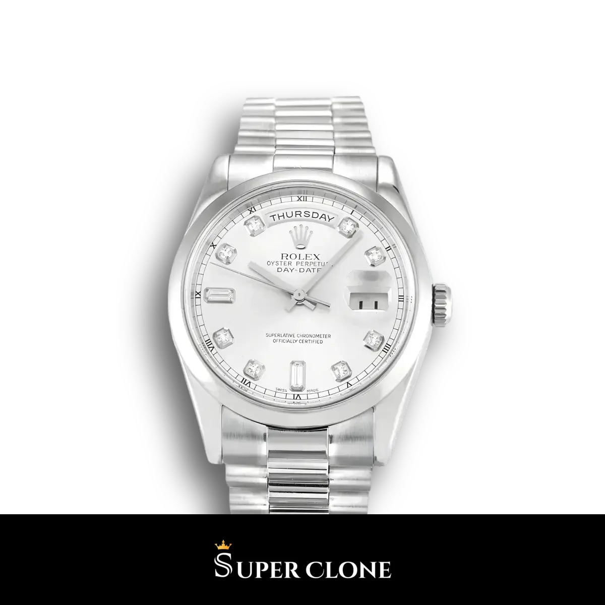 Rolex Day-Date 118209 réplica Miyota esfera plata — vista frontal