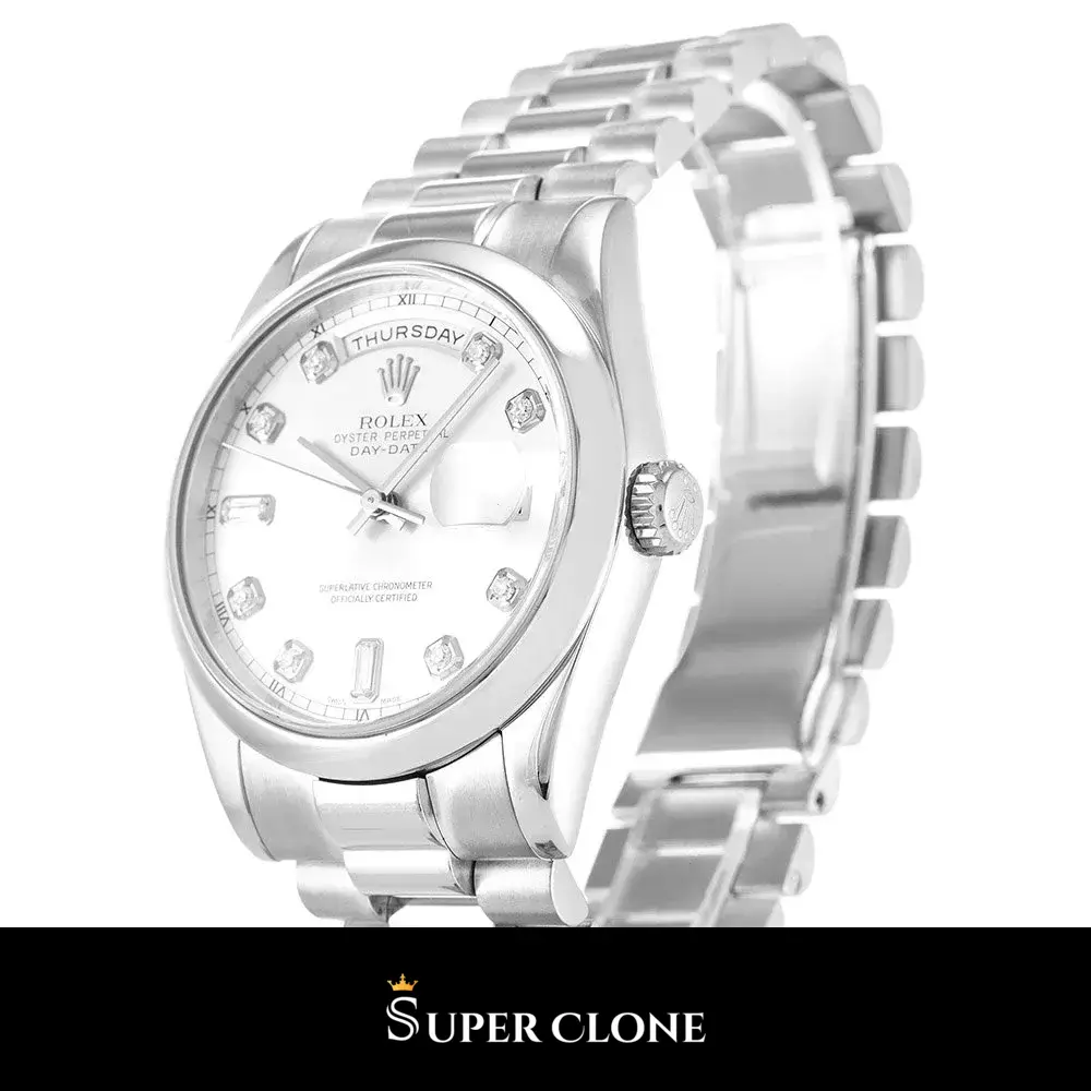 Rolex Day-Date 118209 replica, detalle del brazalete President en metal blanco