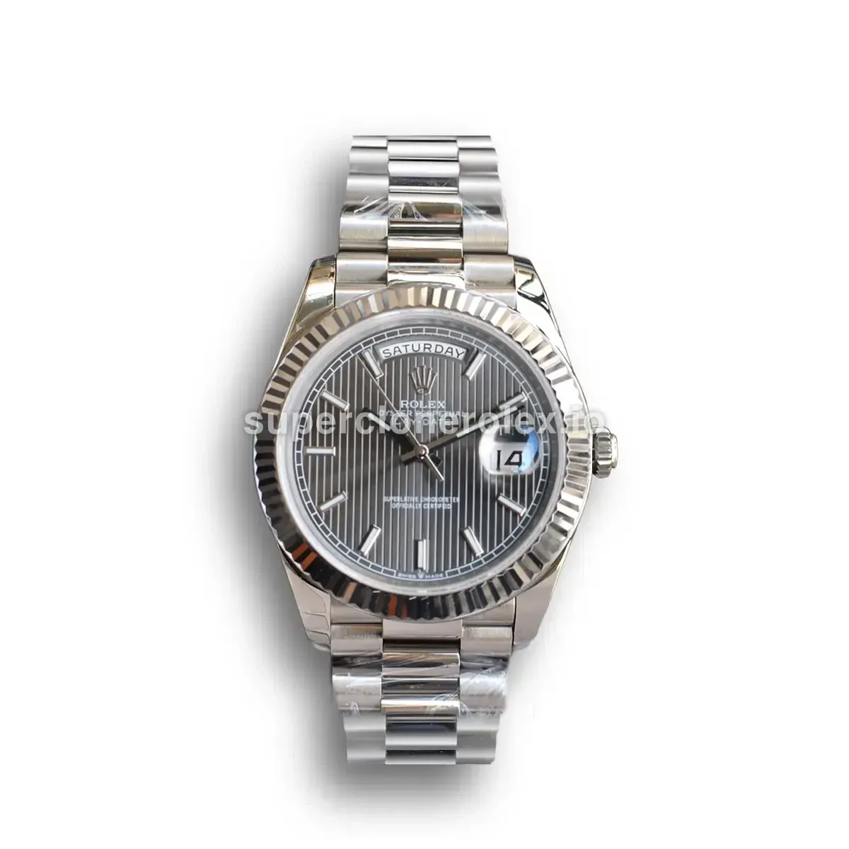 Rolex Day-Date 228239 réplica Miyota esfera rodio — vista frontal