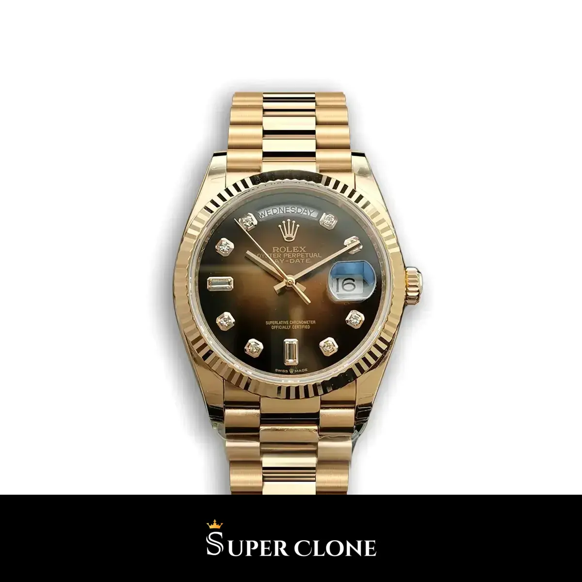 Rolex Day-Date 128238 réplica Miyota esfera negro — vista frontal