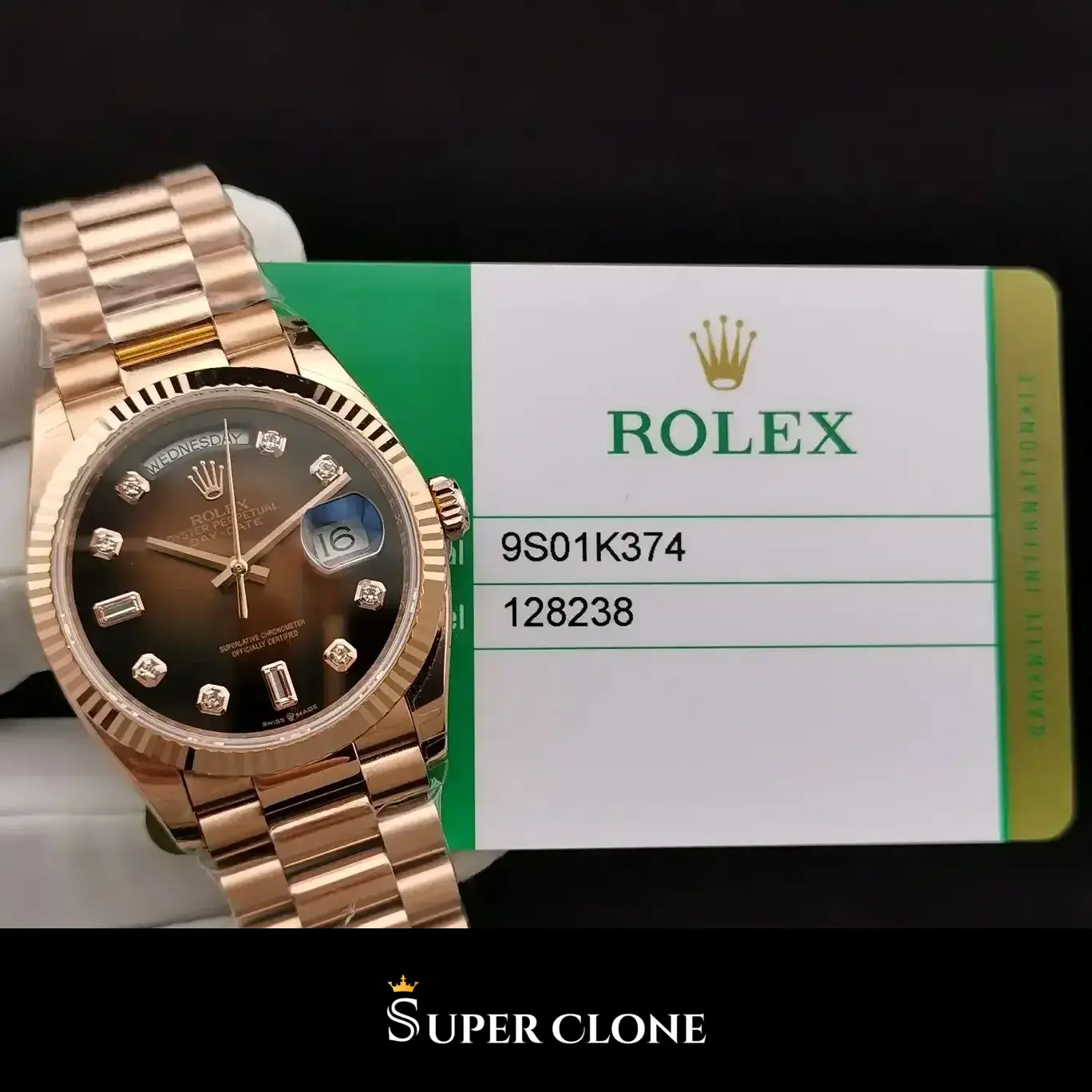 Rolex Day-Date 128238 replica oro amarillo, vista en ángulo