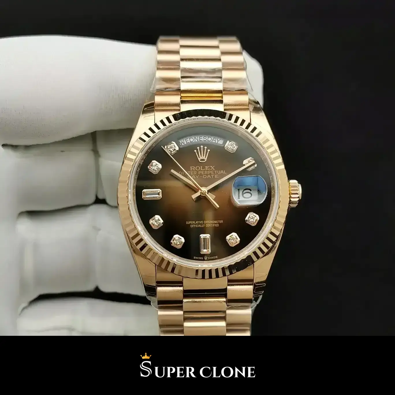 Rolex Day-Date 128238 replica esfera negra, perfil lateral