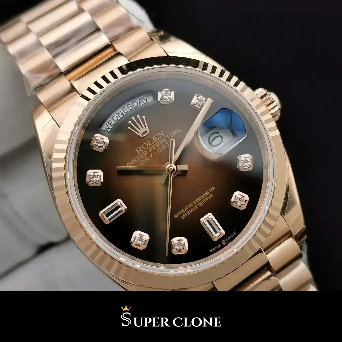 Rolex Day-Date 128238 replica esfera negra, foto en la muñeca