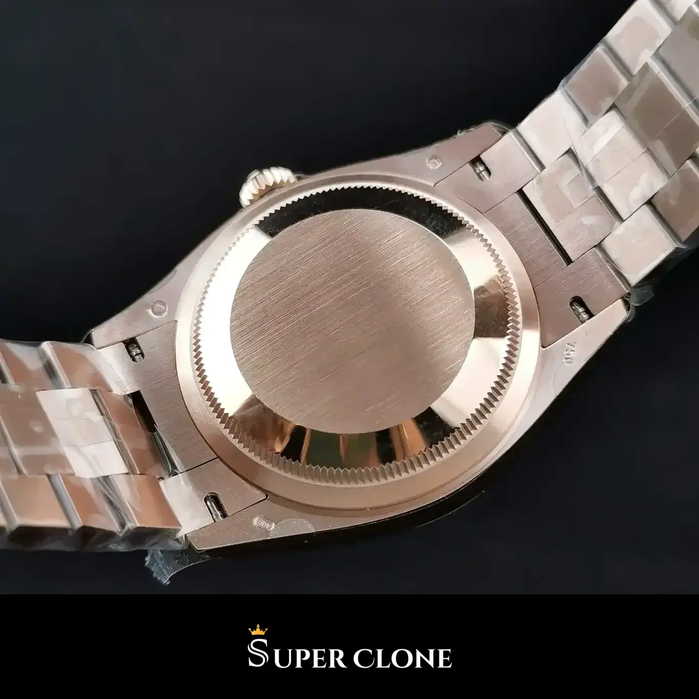 Rolex Day-Date 128238 replica oro amarillo, detalle de corona y caja