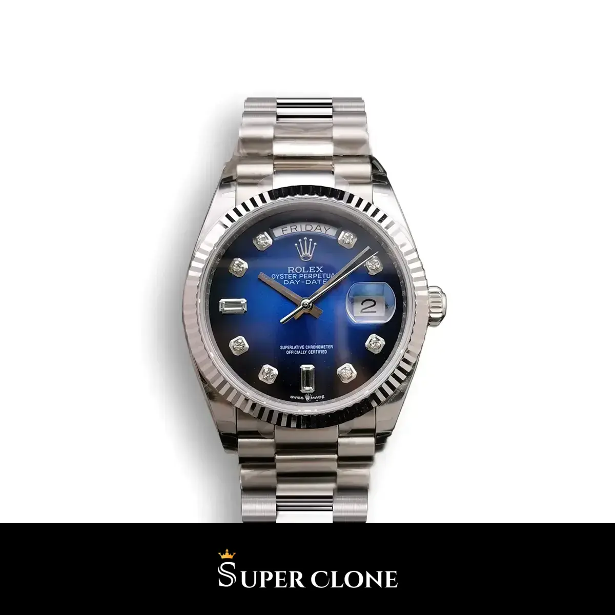 Rolex Day-Date 128239 réplica Miyota esfera azul — vista frontal