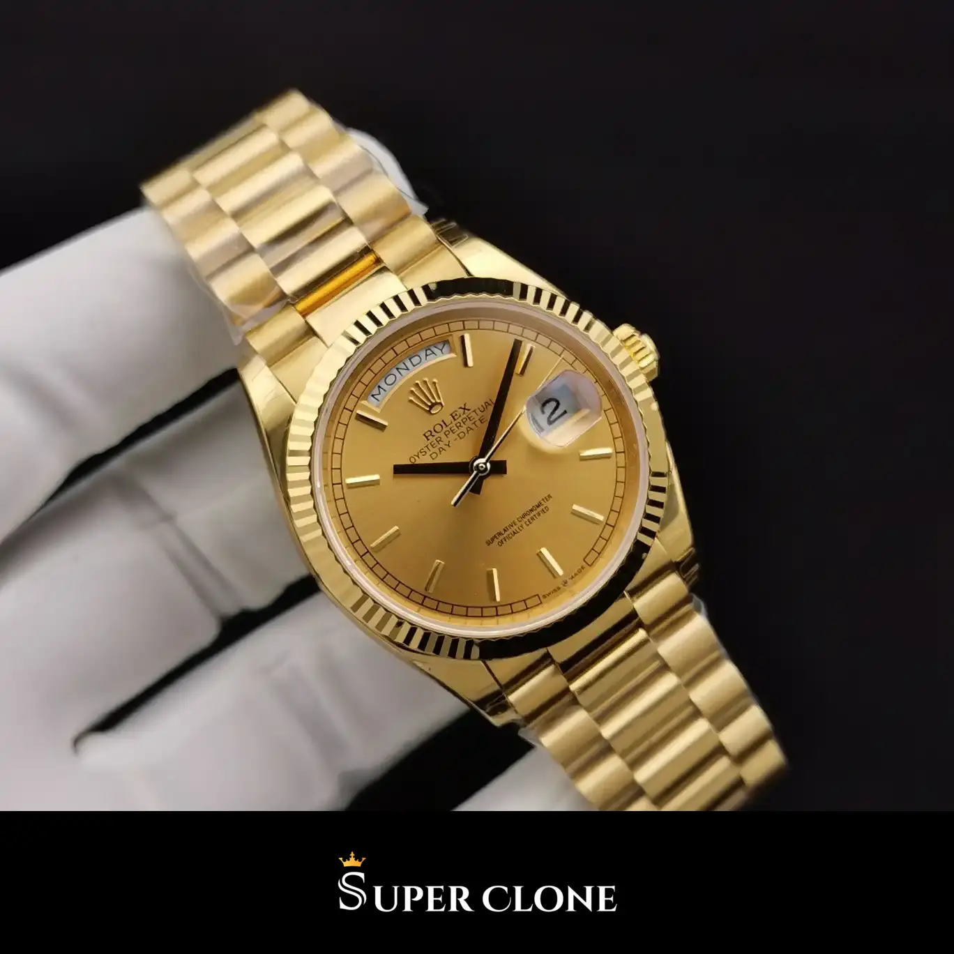 Day-Date 128238 réplica automática japonesa esfera oro — vista frontal