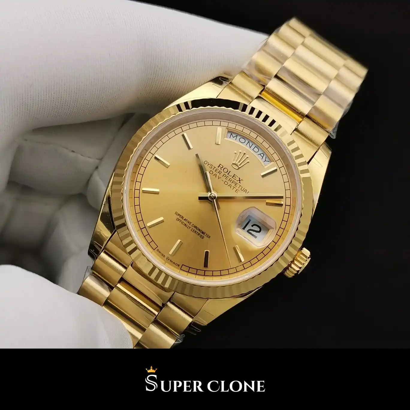 Rolex Day-Date 128238 replica, perfil lateral, caja de 36 mm