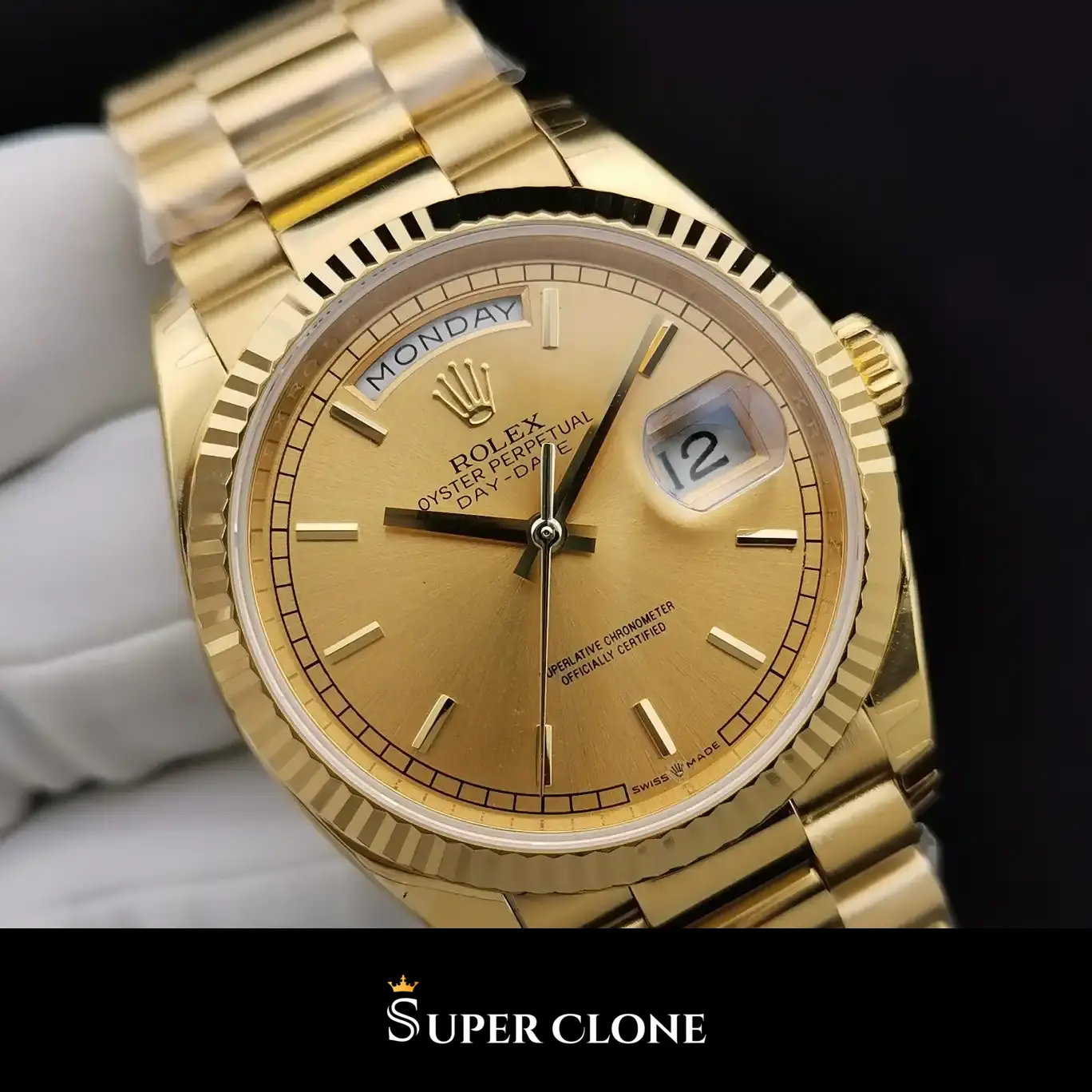 Rolex Day-Date 128238 replica, detalle del fondo de caja, oro