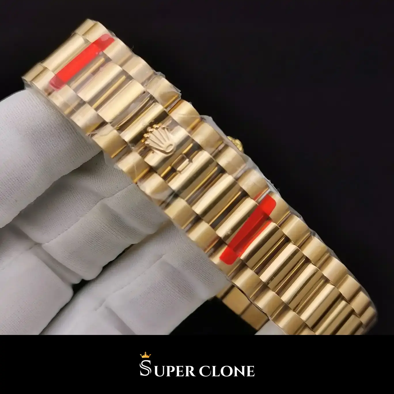 Rolex Day-Date 128238 replica, detalle de corona y caja, oro